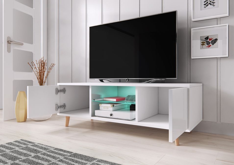 Meuble TV avec led 2 portes blanc mat et gris laqué Kuzani 140 cm - Photo n°3