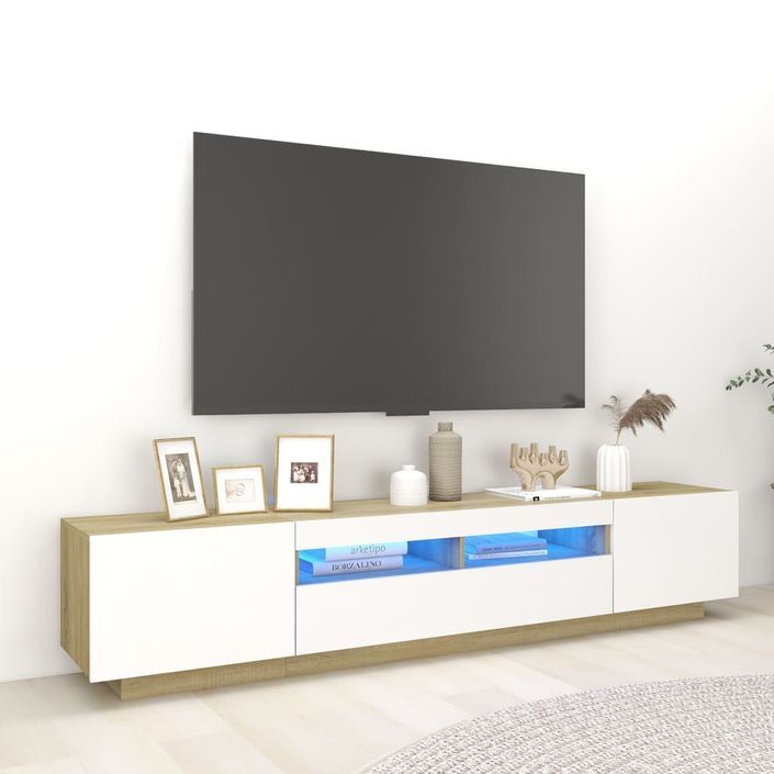 Meuble TV avec lumières LED Blanc et chêne sonoma 200x35x40 cm - Photo n°1
