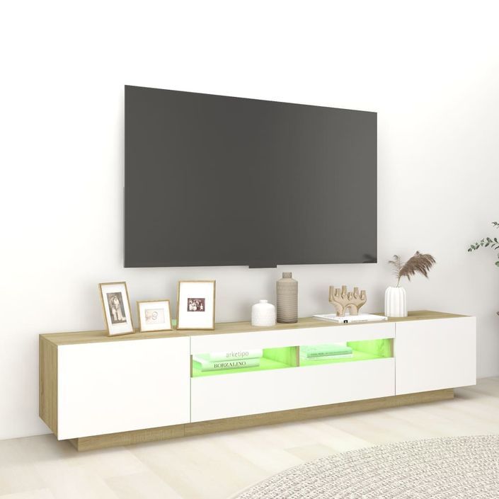 Meuble TV avec lumières LED Blanc et chêne sonoma 200x35x40 cm - Photo n°5