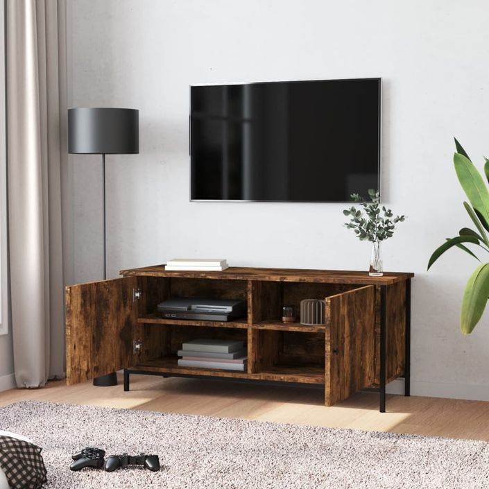 Meuble TV avec portes chêne fumé 102x35x45 cm bois d'ingénierie - Photo n°3