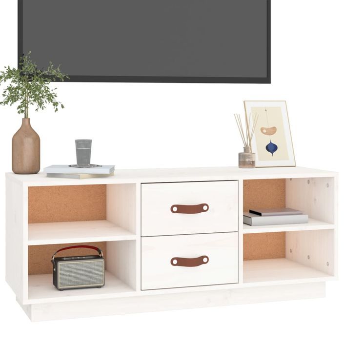 Meuble TV Blanc 100x34x40 cm Bois de pin massif - Photo n°4