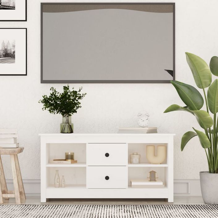 Meuble TV Blanc 103x36,5x52 cm Bois de pin massif - Photo n°1