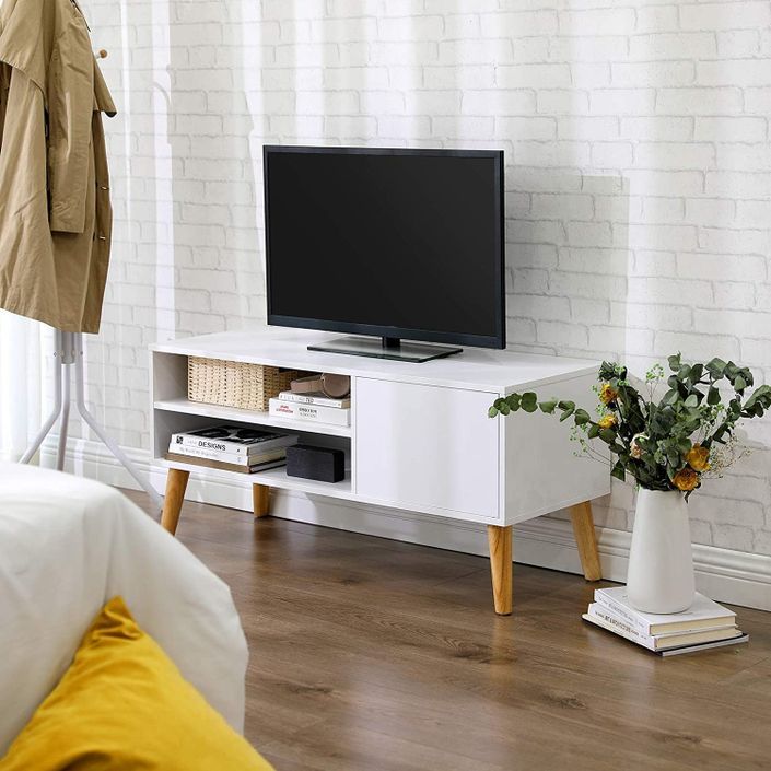 Meuble TV bois blanc 1 porte et 1 étagère Scandinave Maeva 110 cm - Photo n°4