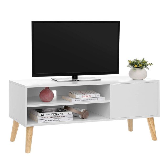 Meuble TV bois blanc 1 porte et 1 étagère Scandinave Maeva 110 cm - Photo n°5