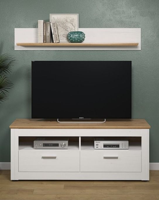 Meuble TV bois de pin clair et blanc 2 tiroirs Aline - Photo n°2