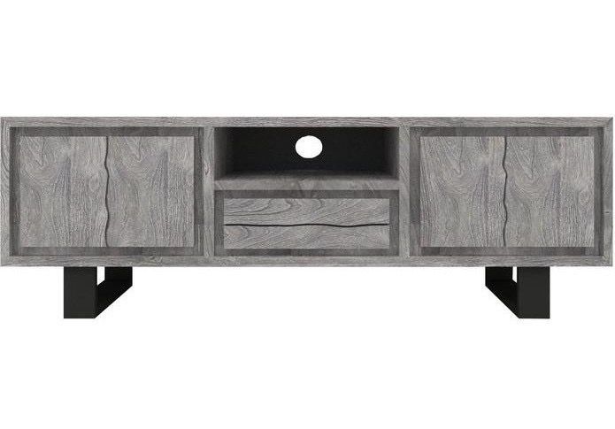 Meuble TV bois massif gris et pieds métal noir Melin L 160 cm - Photo n°1