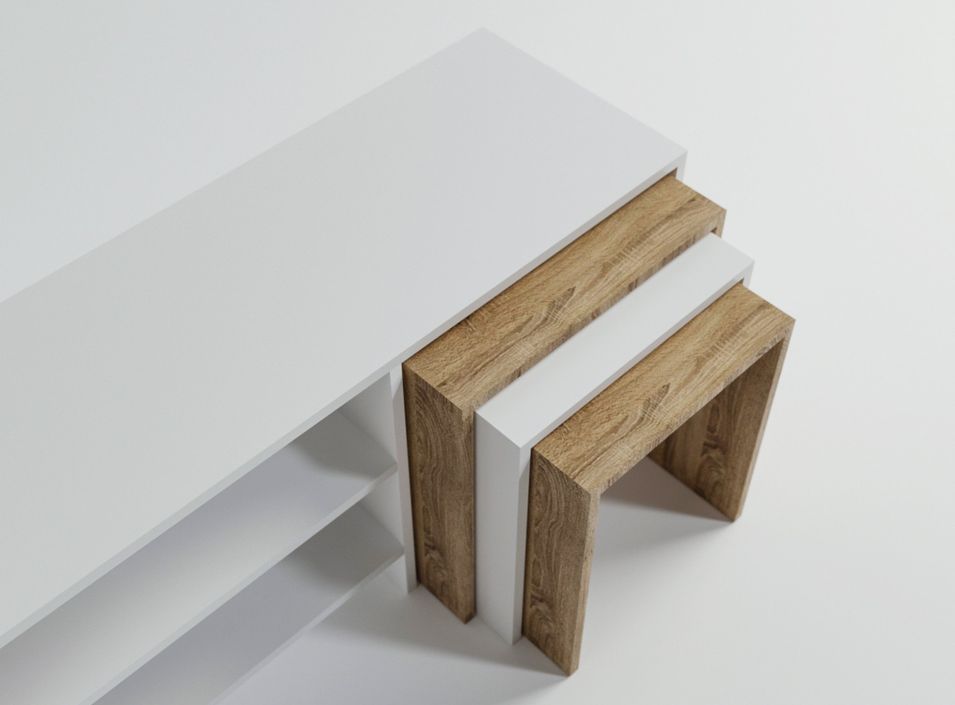 Meuble TV combiné avec table gigogne bois blanc et naturel Zirkon 180 cm - Photo n°5