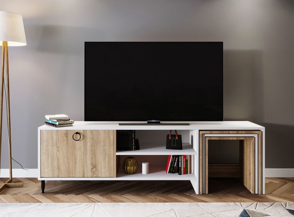 Meuble TV combiné avec table gigogne bois blanc et naturel Zirkon 180 cm - Photo n°6