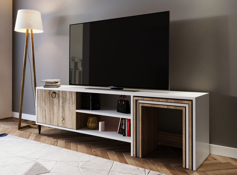 Meuble TV combiné avec table gigogne bois blanc et naturel Zirkon 180 cm - Photo n°7