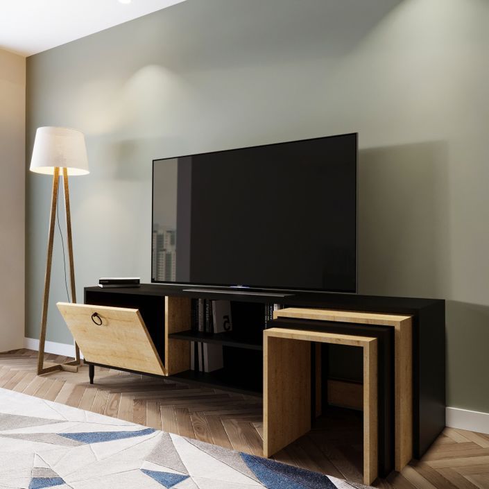 Meuble TV combiné avec table gigogne bois clair et noir Zirkon 180 cm - Photo n°3