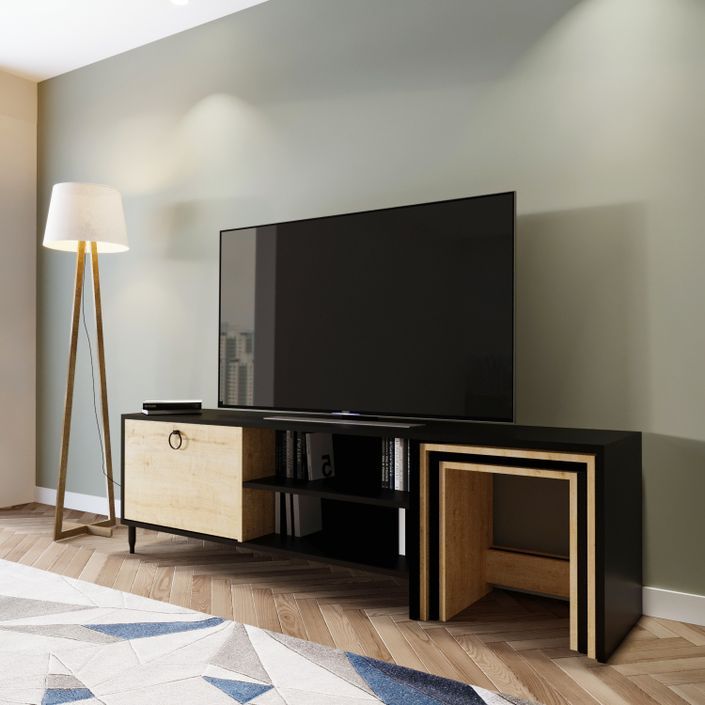 Meuble TV combiné avec table gigogne bois clair et noir Zirkon 180 cm - Photo n°4