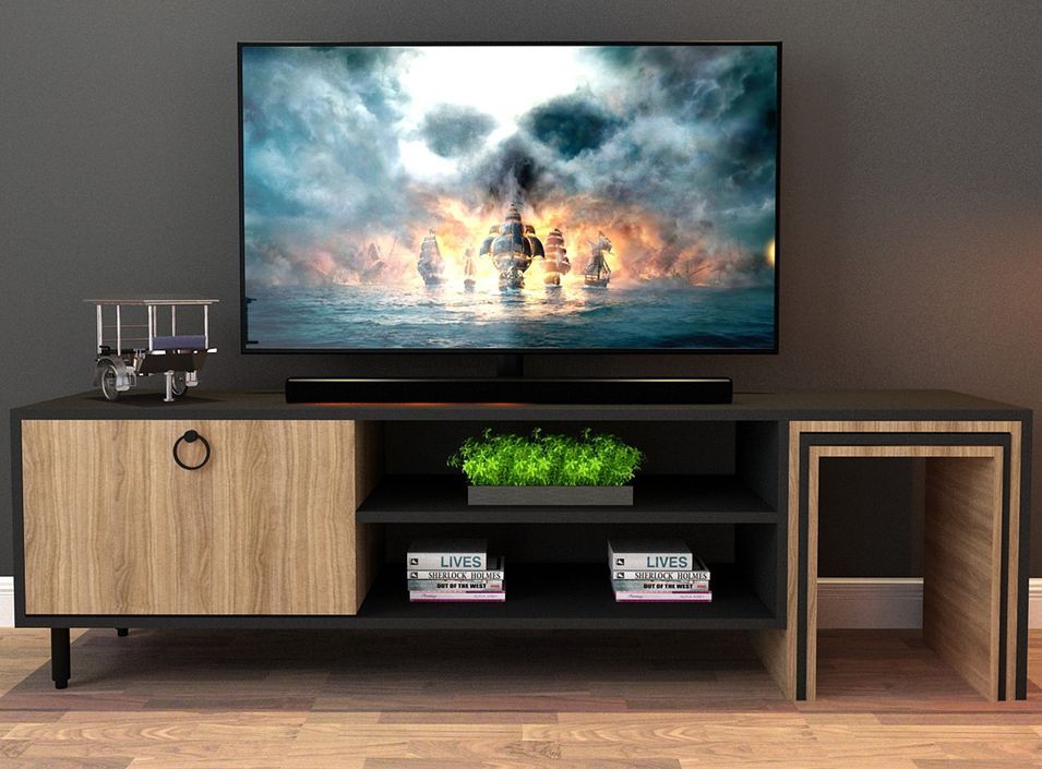 Meuble TV combiné avec table gigogne chêne et noir Zirkon 180 cm - Photo n°5