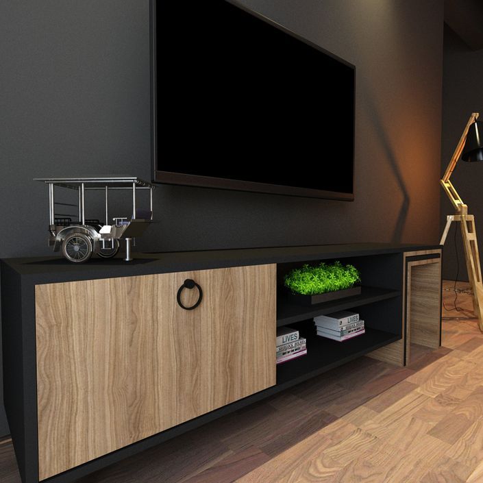 Meuble TV combiné avec table gigogne chêne et noir Zirkon 180 cm - Photo n°7
