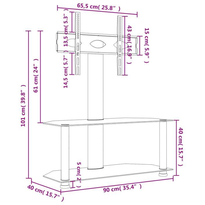 Meuble TV d'angle 2 niveaux pour 32-70 pouces noir argenté - Photo n°10