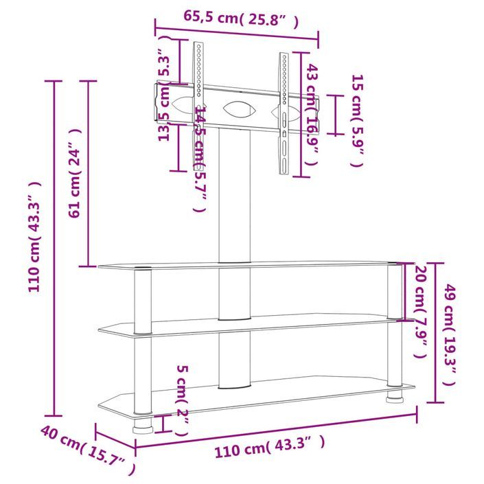 Meuble TV d'angle 3 niveaux pour 32-70 pouces noir et argenté - Photo n°10