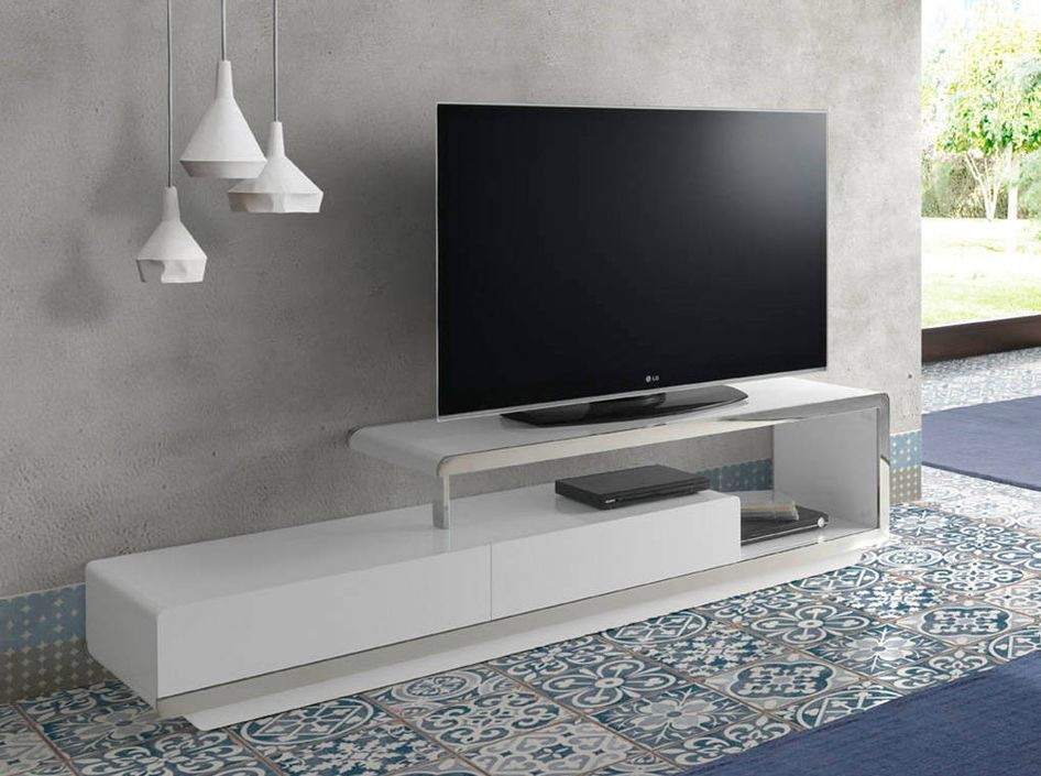 Meuble TV design 2 tiroirs bois laqué blanc et acier chromé Modena - Photo n°2