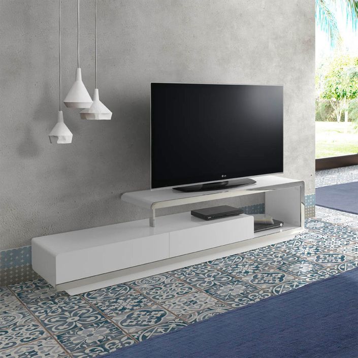 Meuble TV design 2 tiroirs Modena 200 cm - Laqué blanc et acier chromé - Photo n°4