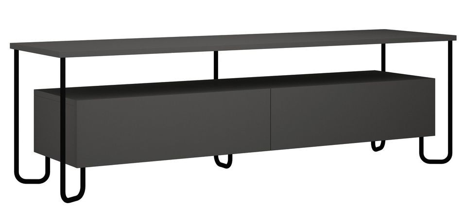 Meuble TV design bois anthracite et pieds métal noir avec 2 portes battantes Vira 150 cm - Photo n°1