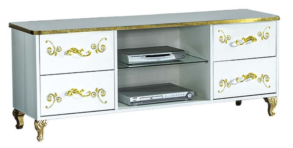Meuble TV design bois vernis brillant blanc et doré Jade 160 cm - Photo n°1