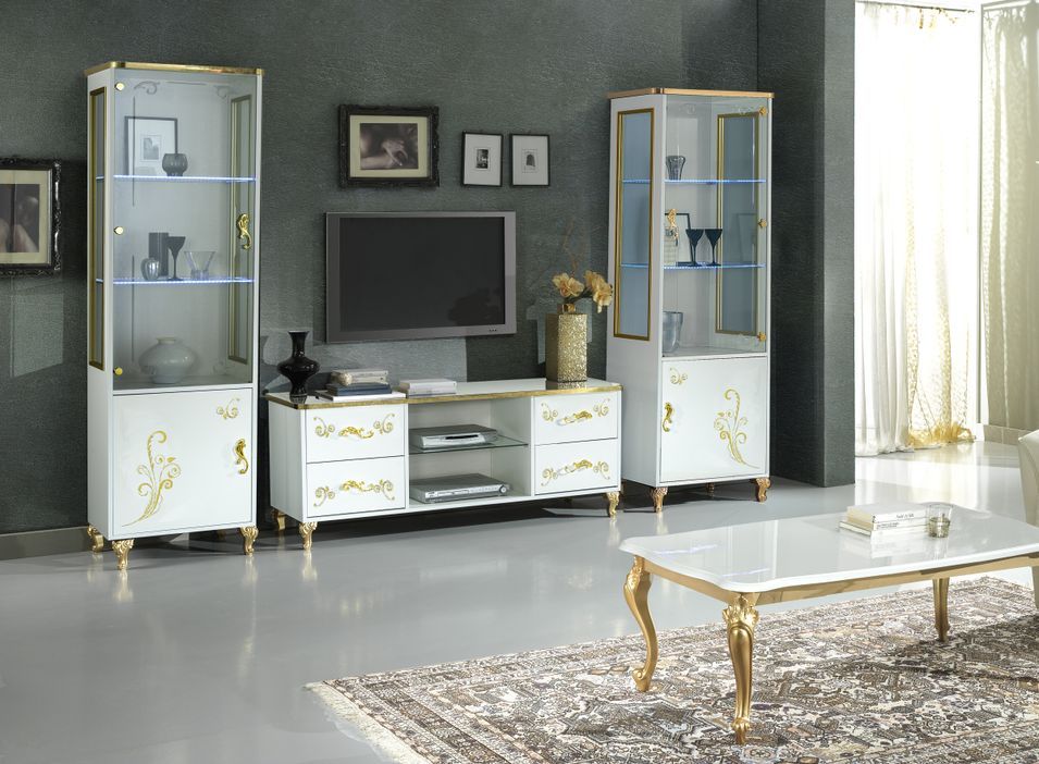Meuble TV design bois vernis brillant blanc et doré Jade 160 cm - Photo n°2