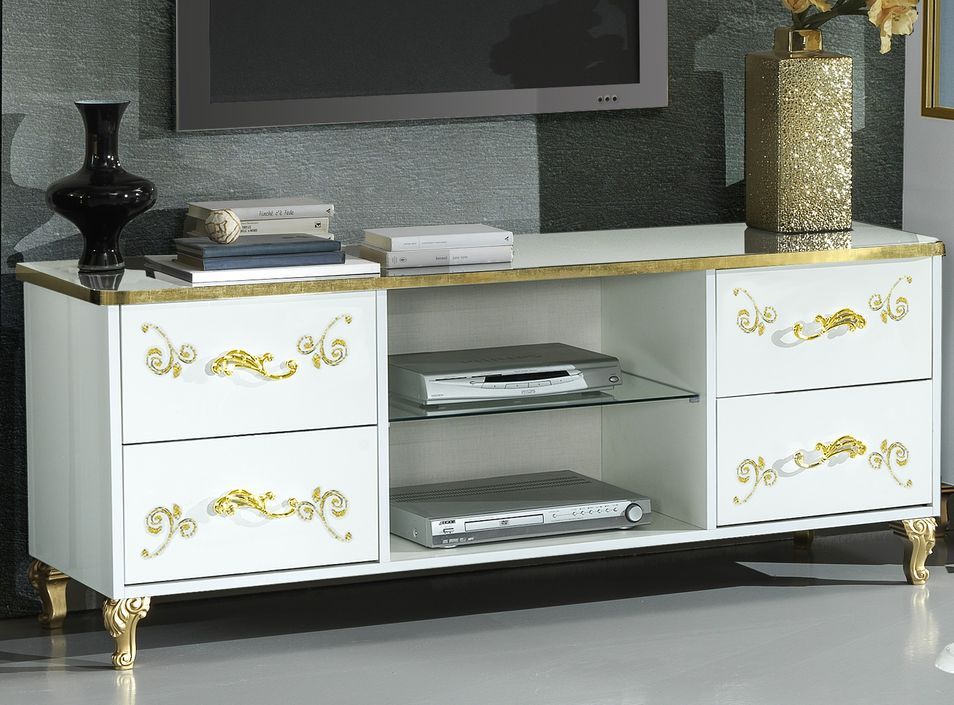 Meuble TV design bois vernis brillant blanc et doré Jade 160 cm - Photo n°3