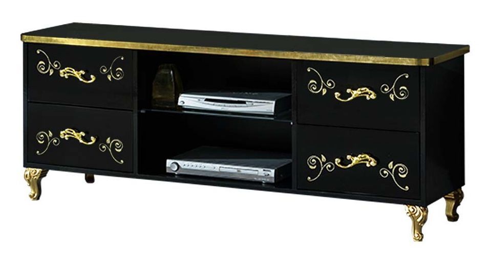 Meuble TV design bois vernis brillant noir et doré Jade 160 cm - Photo n°1