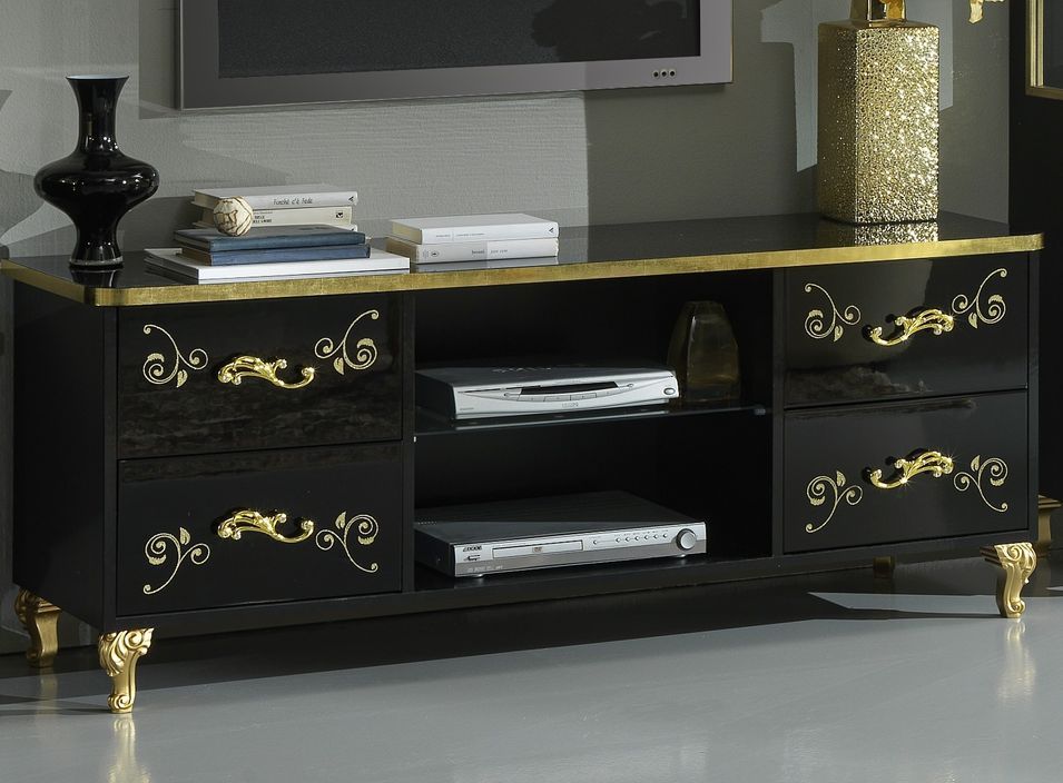 Meuble TV design bois vernis brillant noir et doré Jade 160 cm - Photo n°3