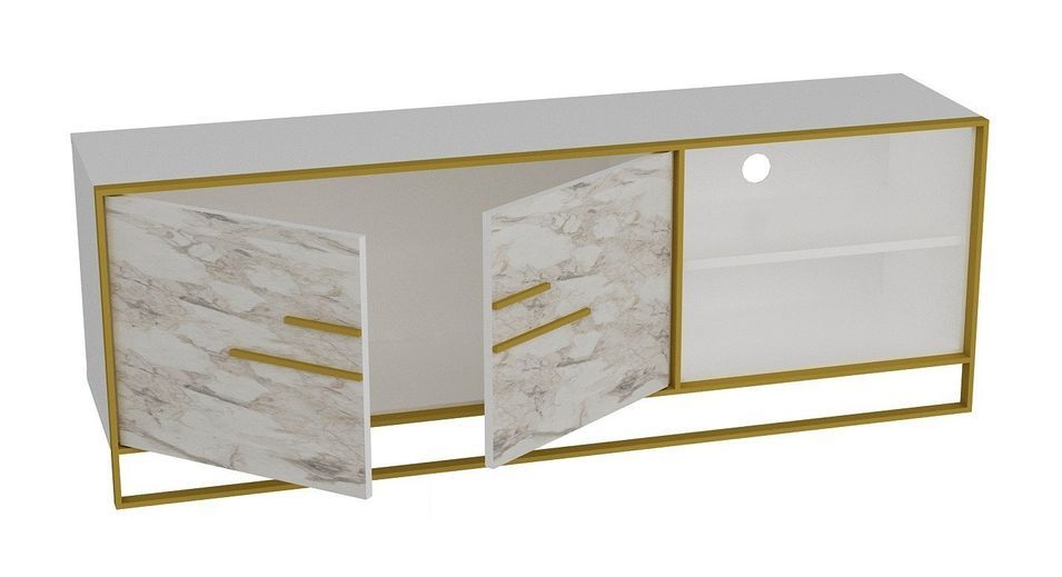 Meuble TV en bois blanc effet marbre et métal doré Bali 160 cm - Photo n°3