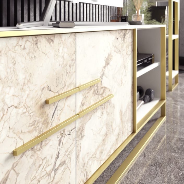 Meuble TV en bois blanc effet marbre et métal doré Bali 160 cm - Photo n°4