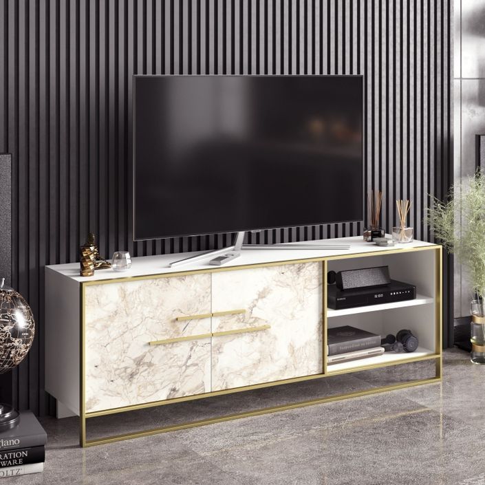 Meuble TV en bois blanc effet marbre et métal doré Bali 160 cm - Photo n°6