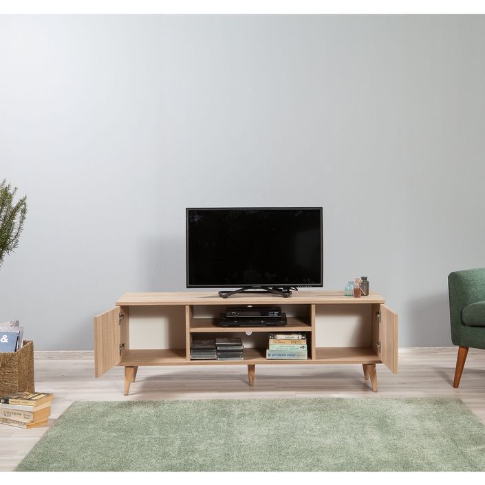 Meuble TV en bois clair à lamelles avec niche Kiza 200 - Photo n°4