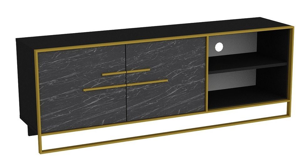Meuble TV en bois noir effet marbre et métal doré Bali 160 cm - Photo n°1