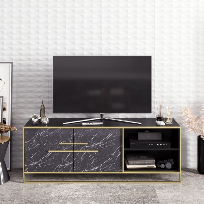 Meuble TV en bois noir effet marbre et métal doré Bali 160 cm - Photo n°2