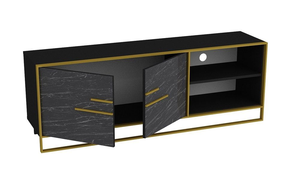 Meuble TV en bois noir effet marbre et métal doré Bali 160 cm - Photo n°3