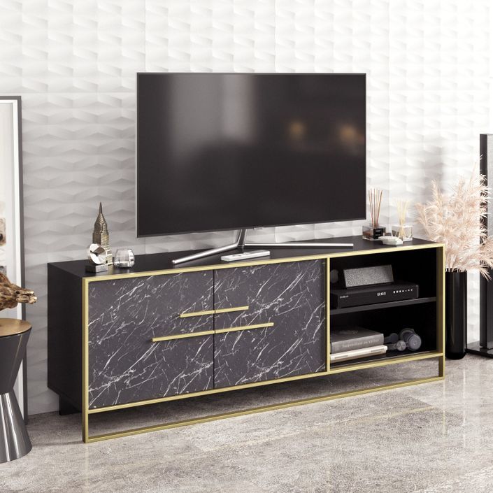 Meuble TV en bois noir effet marbre et métal doré Bali 160 cm - Photo n°5
