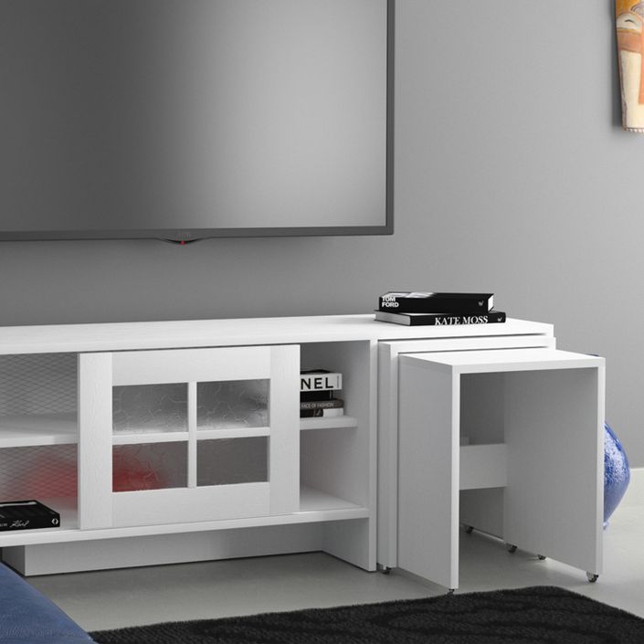Meuble TV et 2 tables gigognes bois blanc Riko 150 cm - Photo n°4