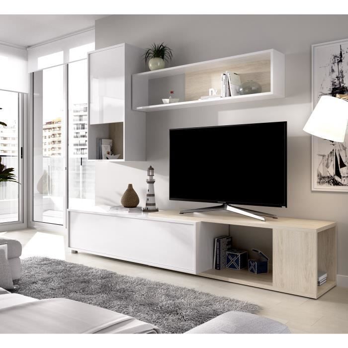 Meuble TV extensible - Décor chene naturel et blanc - L 230 x P 41 x H 180 cm - OBI - Photo n°1