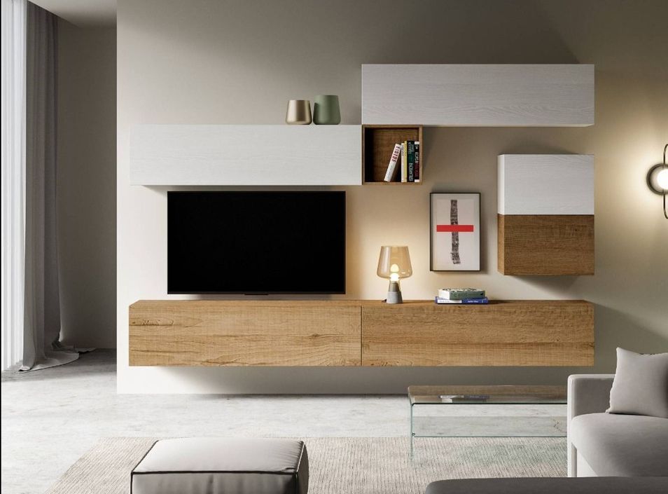 Mur TV modulable suspendu design blanc et naturel Lina L 308 cm - 7 pièces - Photo n°1