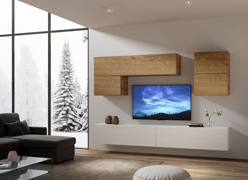 Mur TV modulable suspendu design blanc et naturel Lina L 268 cm - 6 pièces - Photo n°3