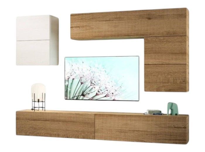 Mur TV modulable suspendu bois naturel Bela L 268 cm - 7 pièces - Photo n°1