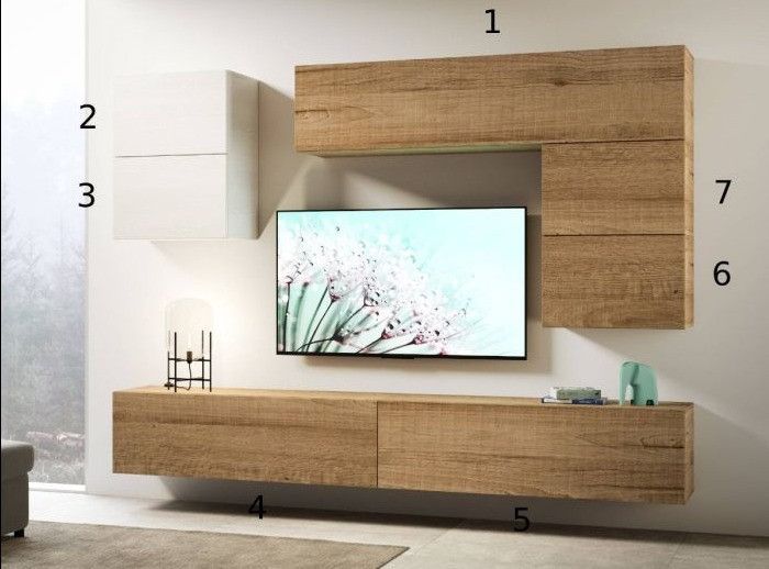 Mur TV modulable suspendu bois naturel Bela L 268 cm - 7 pièces - Photo n°2