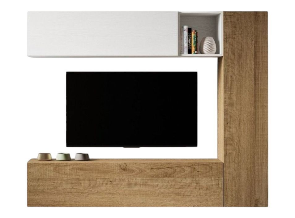 Mur TV modulable suspendu design blanc et naturel Lina L 214 cm - 4 pièces - Photo n°1