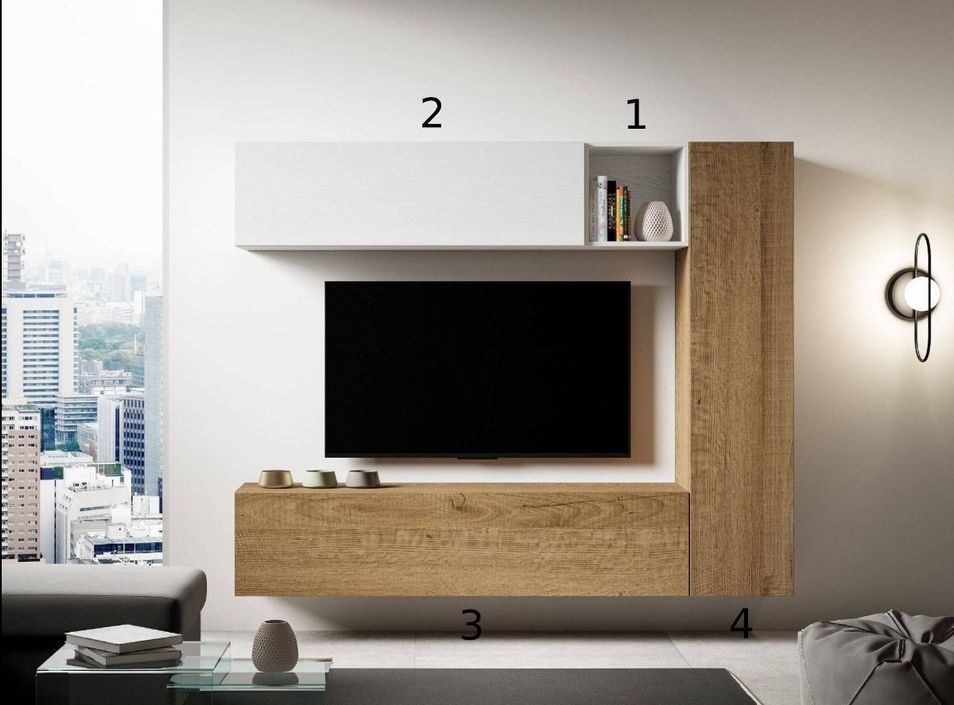 Mur TV modulable suspendu design blanc et naturel Lina L 214 cm - 4 pièces - Photo n°2
