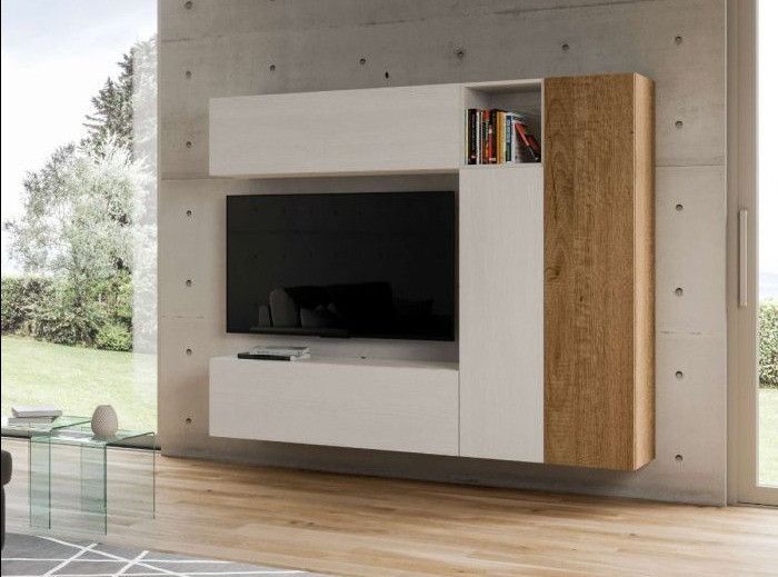 Meuble TV modulable suspendu design blanc et naturel Lina L 214 cm - 5 pièces - Photo n°1