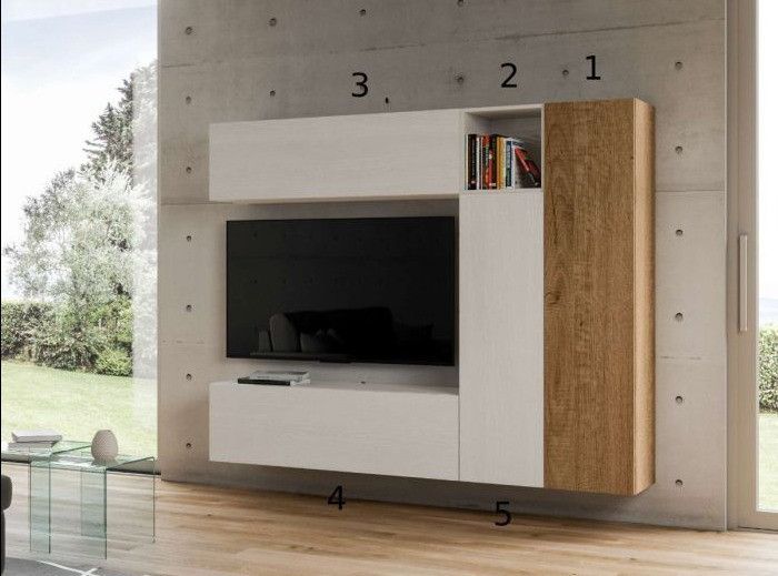 Meuble TV modulable suspendu design blanc et naturel Lina L 214 cm - 5 pièces - Photo n°2