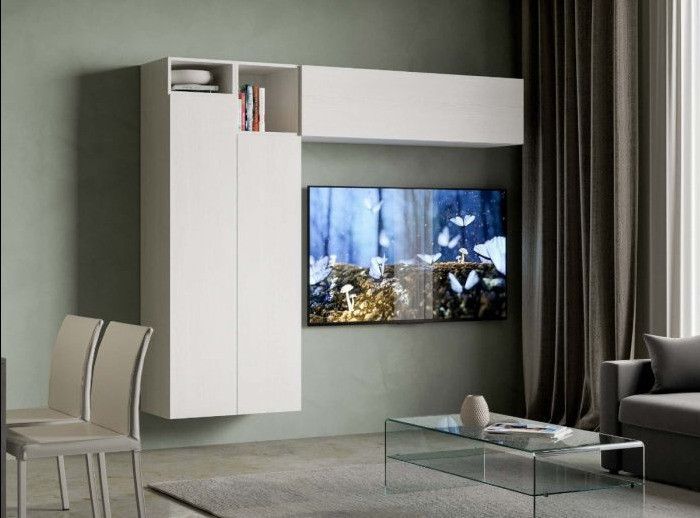 Colonne TV modulable suspendu design blanc Kira L 234 cm - 5 pièces - Photo n°1