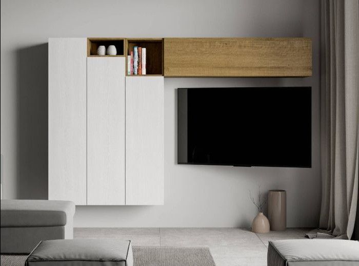 Meuble TV modulable suspendu design blanc et naturel Kina L 214 cm - 6 pièces - Photo n°1
