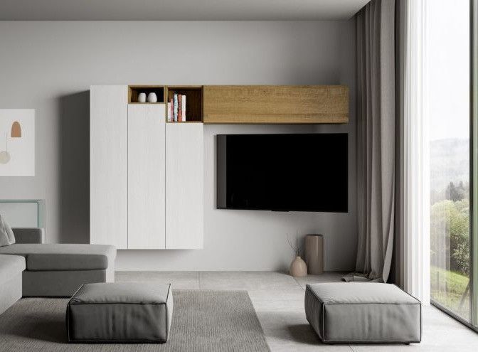 Meuble TV modulable suspendu design blanc et naturel Kina L 214 cm - 6 pièces - Photo n°3