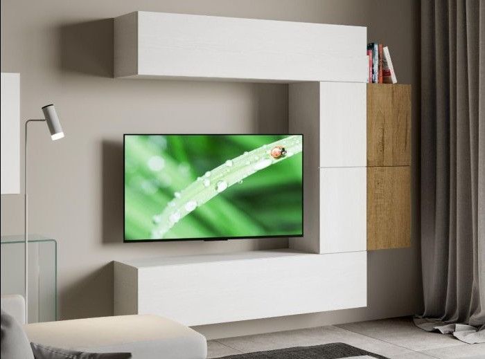 Meuble TV modulable suspendu blanc et naturel Kina L 214 cm - 6 pièces - Photo n°1
