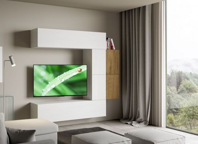 Meuble TV modulable suspendu blanc et naturel Kina L 214 cm - 6 pièces - Photo n°3